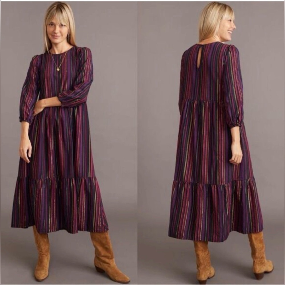 Marine Layer Alice Lurex Stripe Midi Dress XS Long Sleeve